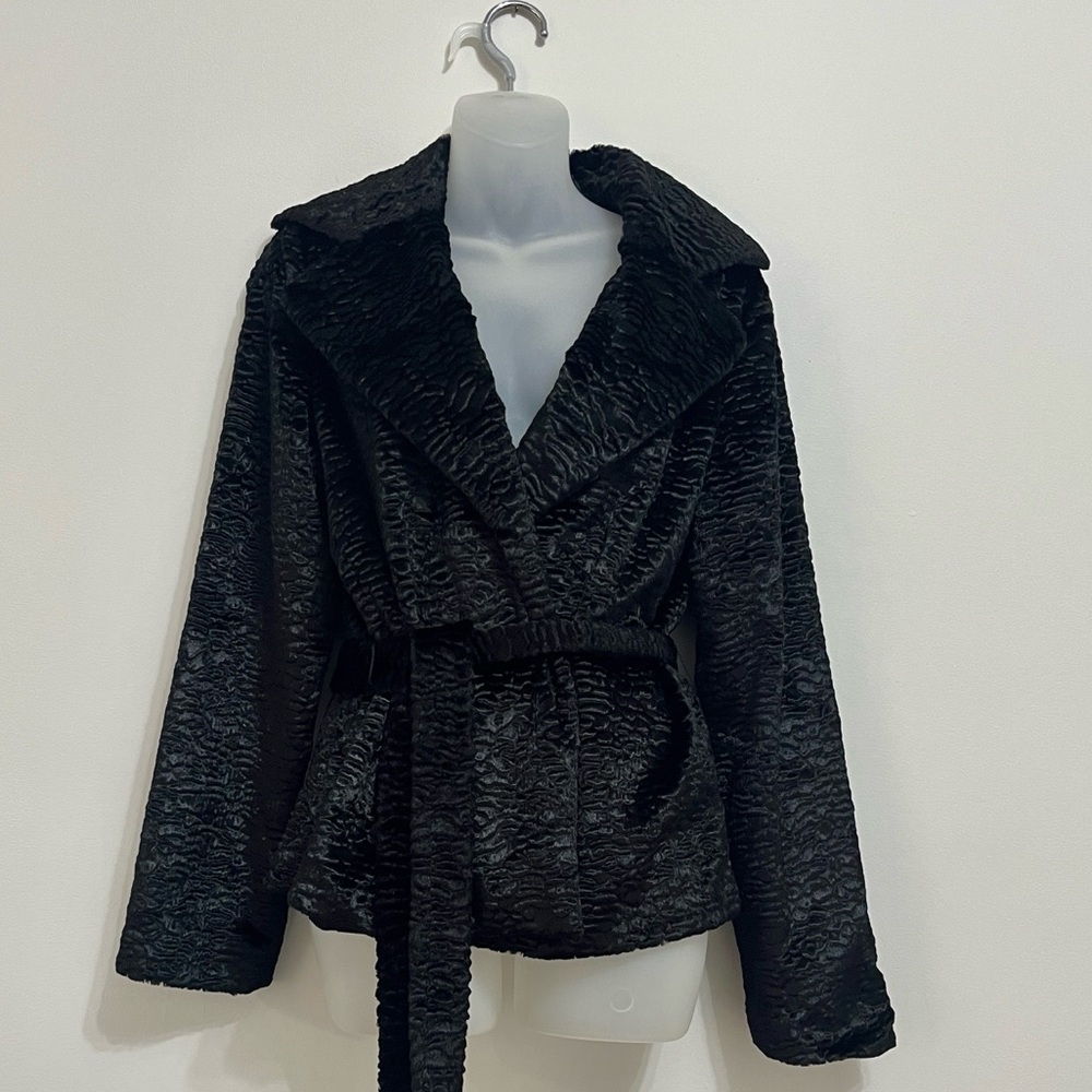 Wrap style belted faux fur jacket